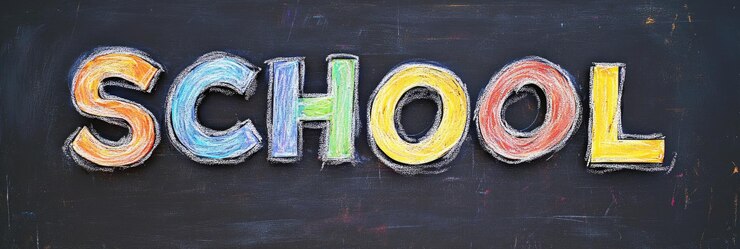 Foto escola escrita con tiza de colores en la pizarra
