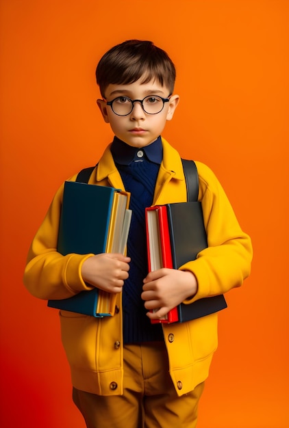 escola infantil sorridente engraçada com óculos segura livros Fundo amarelo