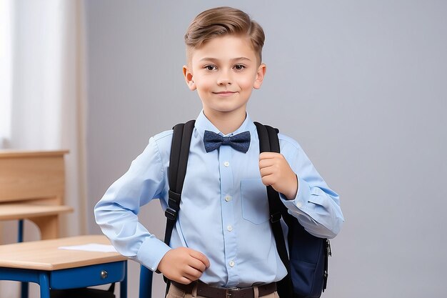 Foto el escolar con una camisa con una corbata de papagaio y una mochila detrás de su espalda muestra su pulgar