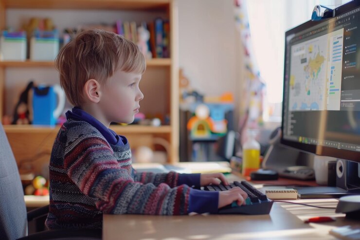 Foto escolar en un escritorio trabajando en una computadora