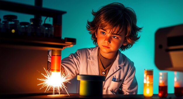 Foto un escolar está haciendo experimentos químicos en un laboratorio químico.