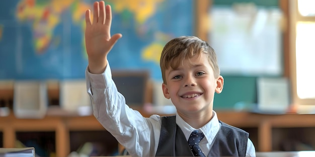 Foto un escolar inteligente en uniforme levanta la mano en un aula sonriendo y ansioso por participar en el concepto de escuela.