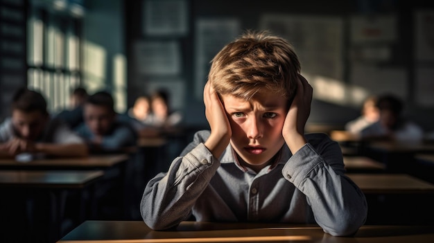 Escolar luchando sosteniendo la cabeza mientras estaba sentado en la clase de la escuela contra el telón de fondo de la