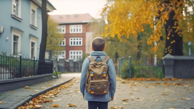 Un escolar con una mochila va a la escuela otoño de regreso a la escuela comienzo del año escolar IA generativa