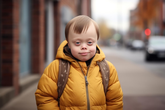 un escolar con síndrome de Down camina por las calles de la ciudad y sonríe a la cámara