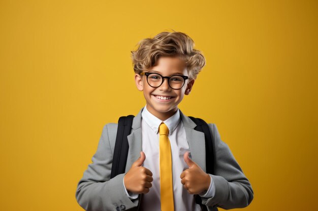 Foto un escolar sonriente con uniforme escolar muestra el pulgar hacia arriba con el dedo en un fondo amarillo de vuelta a la escuela