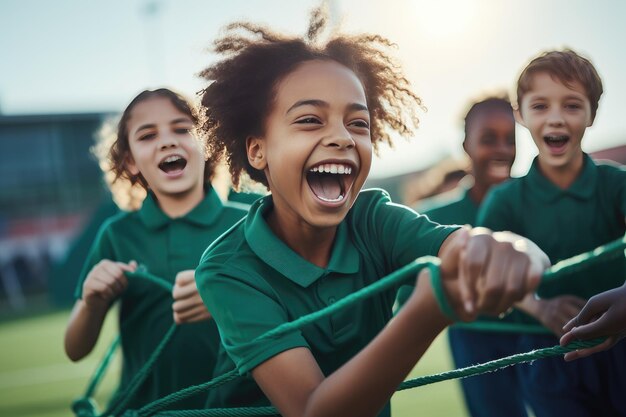 Escolares enérgicos riendo en ropa deportiva