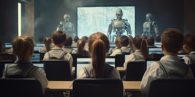 Los escolares están sentados en el aula con computadoras portátiles y la lección está dirigida por una vista trasera del robot