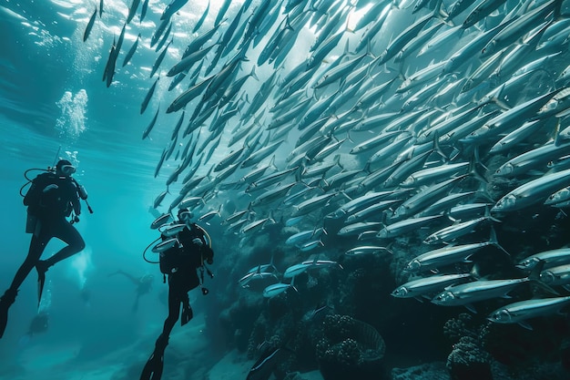 Foto escolas de barracudas e mergulhadores