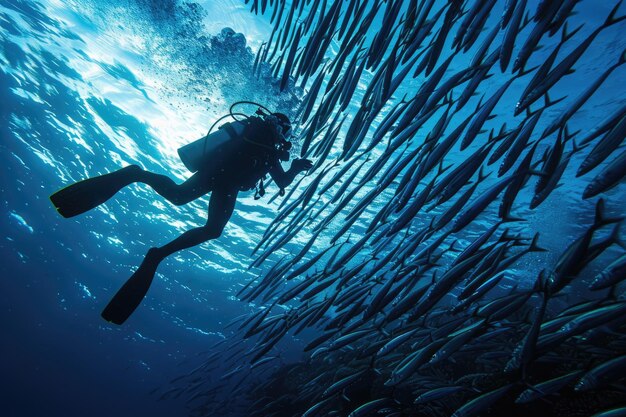 Foto escolas de barracudas e mergulhadores