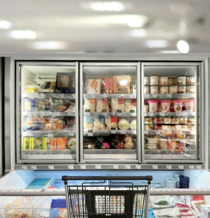 Foto escolha de produtos lácteos num supermercado carrinho de compras vazio num supermercato vazio