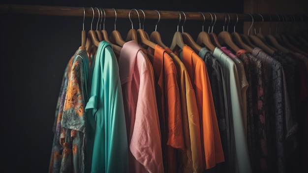 Escolha de roupas da moda de cores diferentes em cabides de madeira ai generativa