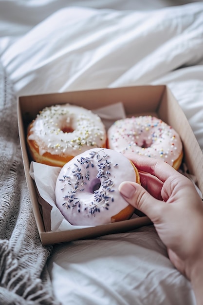 Escolhendo à mão um donut decorado de uma caixa na cama Ideal para blogue de estilo de vida e comida