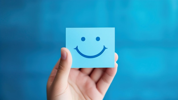 Escolher um rosto feliz sorriso boa classificação de feedback e crítica positiva da experiência do cliente satisfação pesquisa avaliação de saúde mental bem-estar infantil conceito de dia mundial de saúde mental