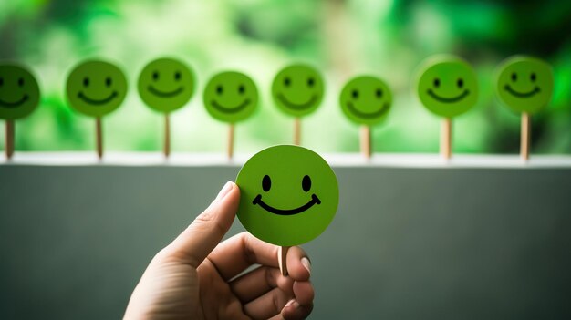 Escolher um rosto feliz sorriso boa classificação de feedback e crítica positiva da experiência do cliente satisfação pesquisa avaliação de saúde mental bem-estar infantil conceito de dia mundial de saúde mental