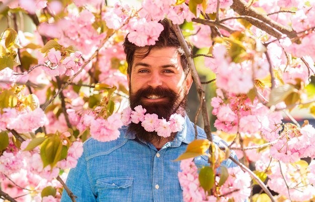 Escondido em flor Homem barbudo bonito ao ar livre Feliz Páscoa Fim de semana no conceito de jardim Muitas flores ao redor do cara Hipster brutal em flor de cerejeira Homem em flor de sakura Flor delicada rosa