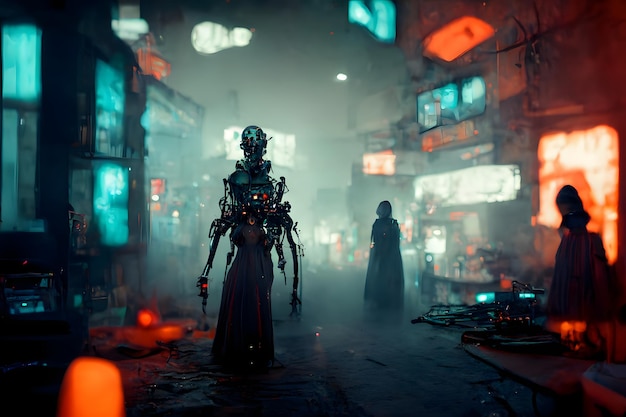 Escondite de brujas ciberpunk en arte generado por la red neuronal de un hacker neblinoso