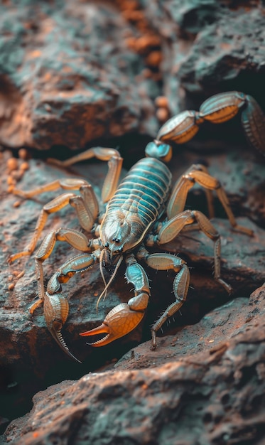 Escorpión azul y amarillo posado con gracia en una roca iluminada por el sol