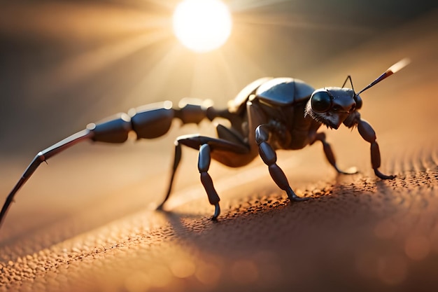 Un escorpión sobre una superficie roja con el sol detrás.