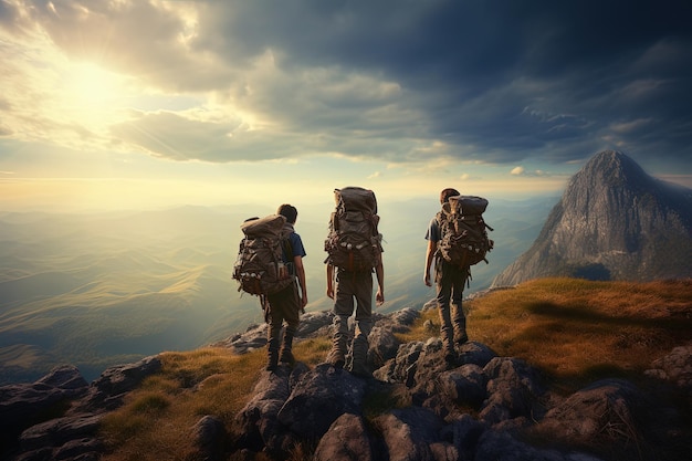 Foto escoteiros fazendo caminhadas com mochila