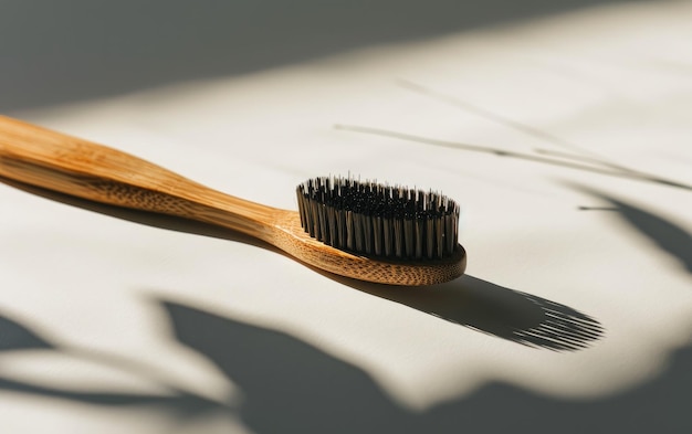 Escova de dentes de cerdas naturais com alça de madeira em fundo branco