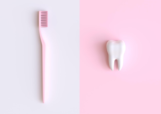 Escova de dentes e dente branco em um fundo rosa Conceito de exame dentário dentes saúde dentária 3D