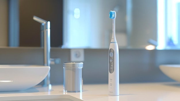 Escova de dentes elétrica no balcão do banheiro com acessórios modernos Design simples e limpo Ideal para promoções de higiene dental AI