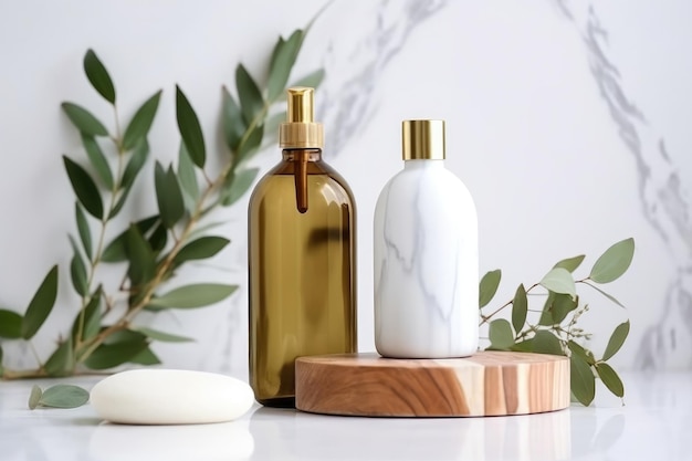 Escova de óleo de eucalipto e garrafa de óleos naturais em design de fundo branco Generative AI