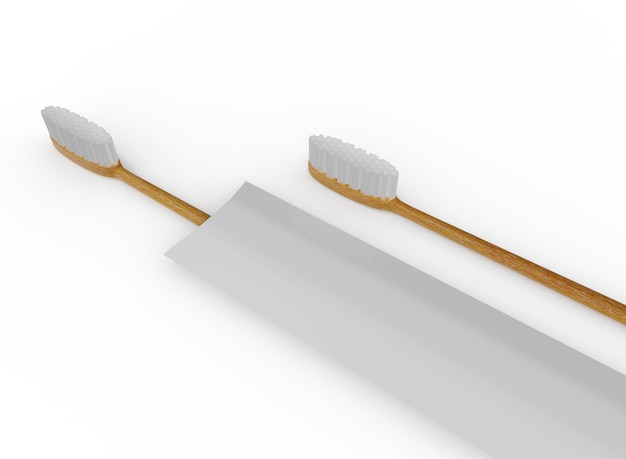 Escovas de dentes de bambu com caixa em fundo branco. Isolar Objetos. renderização 3D.