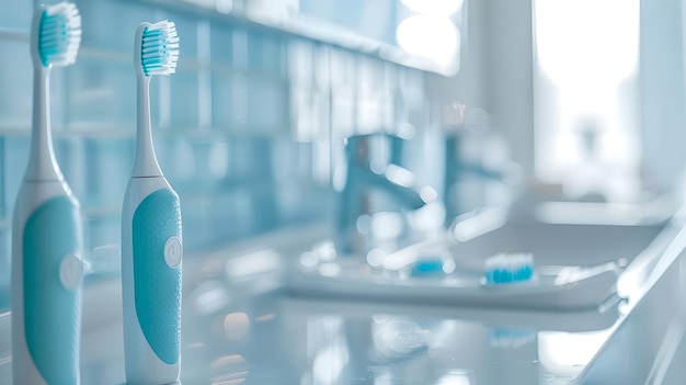 Escovas de dentes elétricas modernas no balcão do banheiro Foco na higiene dental Design limpo e fresco na foto de cuidados de saúde Imagem de cuidados dentários brilhantes AI