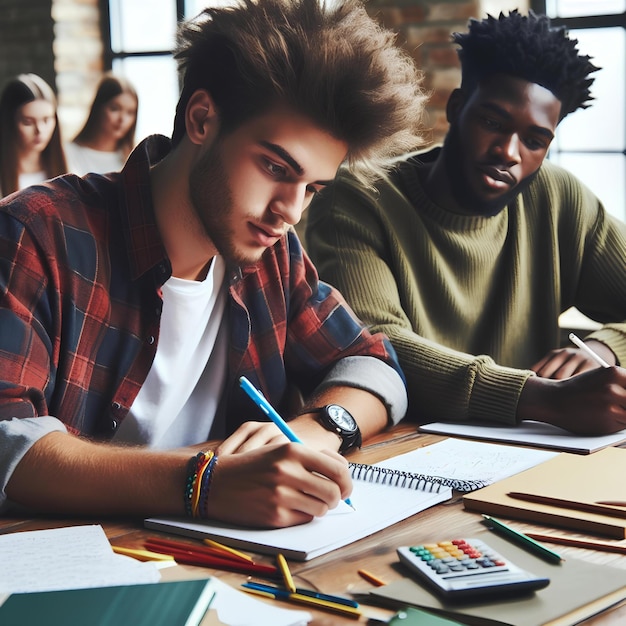 Foto escrevendo universitário e homem estudante na sala de aula brainstorming para exame estudando ideias