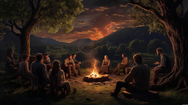 Escribe una escena en la que una familia se reúne para una reunión en un entorno rural pintoresco