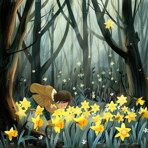 Escribe una historia sobre un niño que descubre un parche escondido de narcisos silvestres en el bosque.