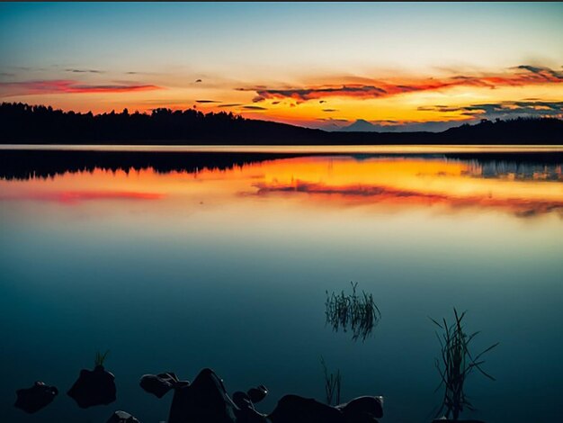 Escribe sobre los tranquilos reflejos del atardecer en un lago en calma.