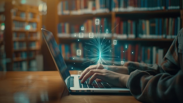 Escribiendo en una computadora portátil rodeado de libros