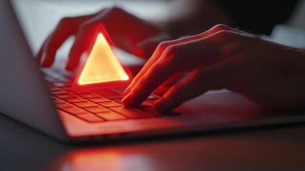 Escribiendo en una computadora portátil con un triángulo de neón rojo