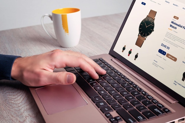 Escribir a mano en el teclado de la computadora portátil comprar relojes en línea en el sitio web de comercio electrónico Interfaz de página web moderna mostrada Conveniente concepto de compras digitales