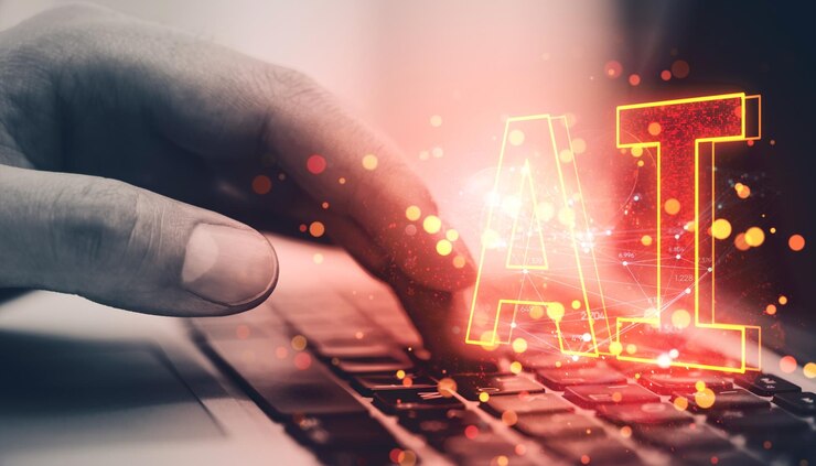 Foto escribir a mano en el teclado de la computadora portátil con texto de ia brillante y elementos digitales concepto de tecnología de inteligencia artificial
