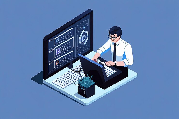 Foto escripto de programación de empresario isométrico con tecnología blockchain