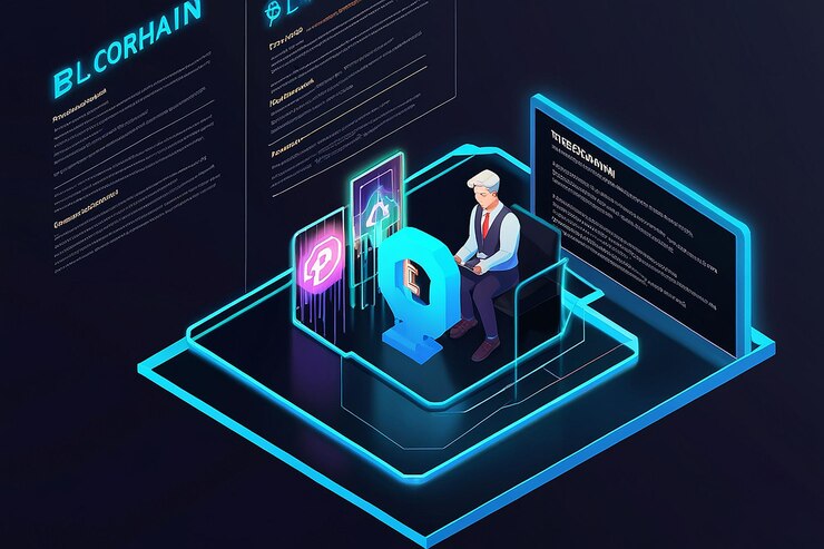 Foto escripto de programación de empresario isométrico con tecnología blockchain