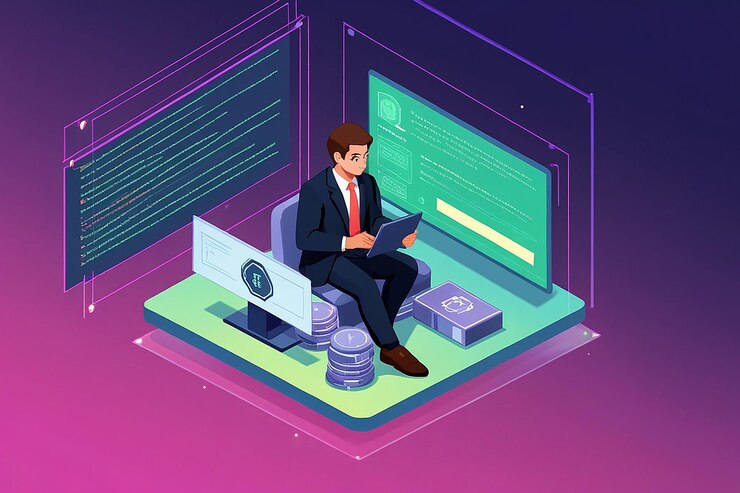 Foto escripto de programación de empresario isométrico con tecnología blockchain