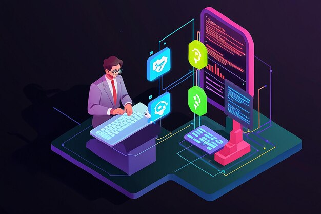 Escripto de programación de empresario isométrico con tecnología Blockchain