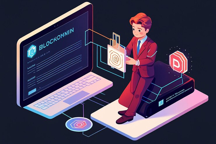 Foto escripto de programación de empresario isométrico con tecnología blockchain