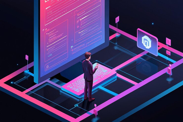 Foto escripto de programación de empresario isométrico con tecnología blockchain