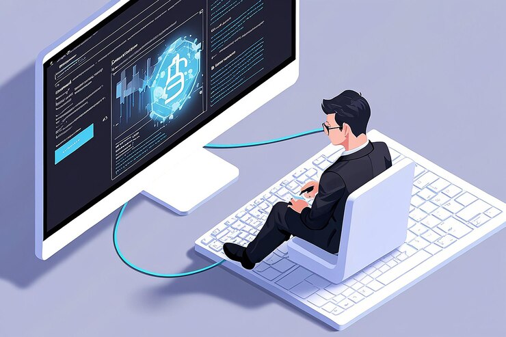 Foto escripto de programación de empresario isométrico con tecnología blockchain