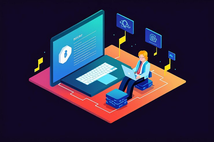 Foto escripto de programación de empresario isométrico con tecnología blockchain