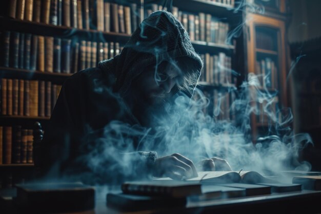 Un escritor fantasma escribiendo historias en una biblioteca embrujada a medianoche con apariciones fantasmales