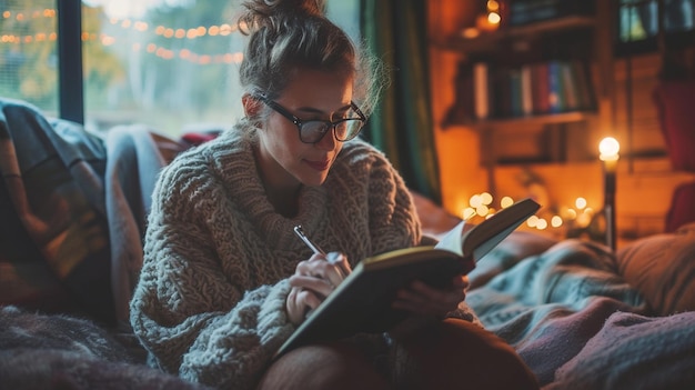 El escritor hace una lluvia de ideas en un papel tapiz acogedor y de fondo