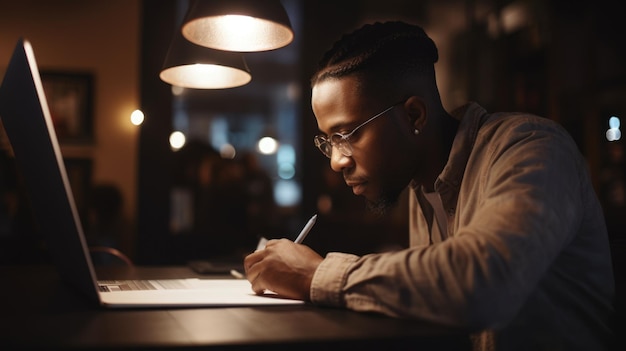 Escritor Hombre afroamericano Edad media Escribiendo en una computadora portátil en Coffee Shop Generative AI AIG22