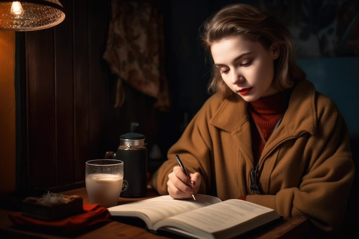 Escritora literaria con cuaderno y café trabajando en una historia